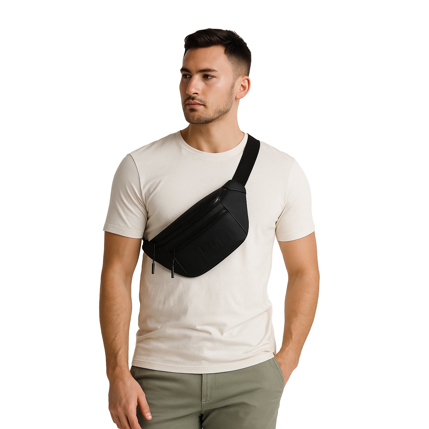 Man wearing a black shirt with an black green waist bag, a stylish fanny pack made of vegan leather for daily use.