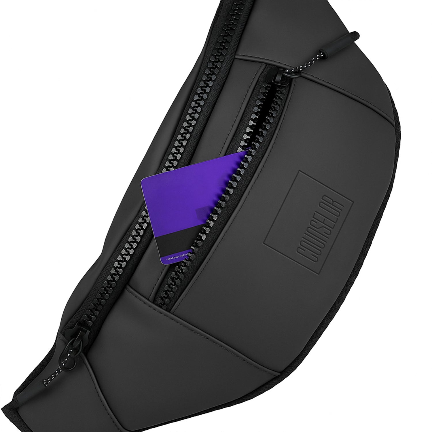 THE BLAZE black waist bag with a zipper pocket holding a card, made from vegan leather for daily use.