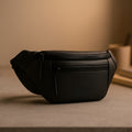 The Blaze waist bag in black color, made of vegan leather, ideal fanny pack for daily use.
