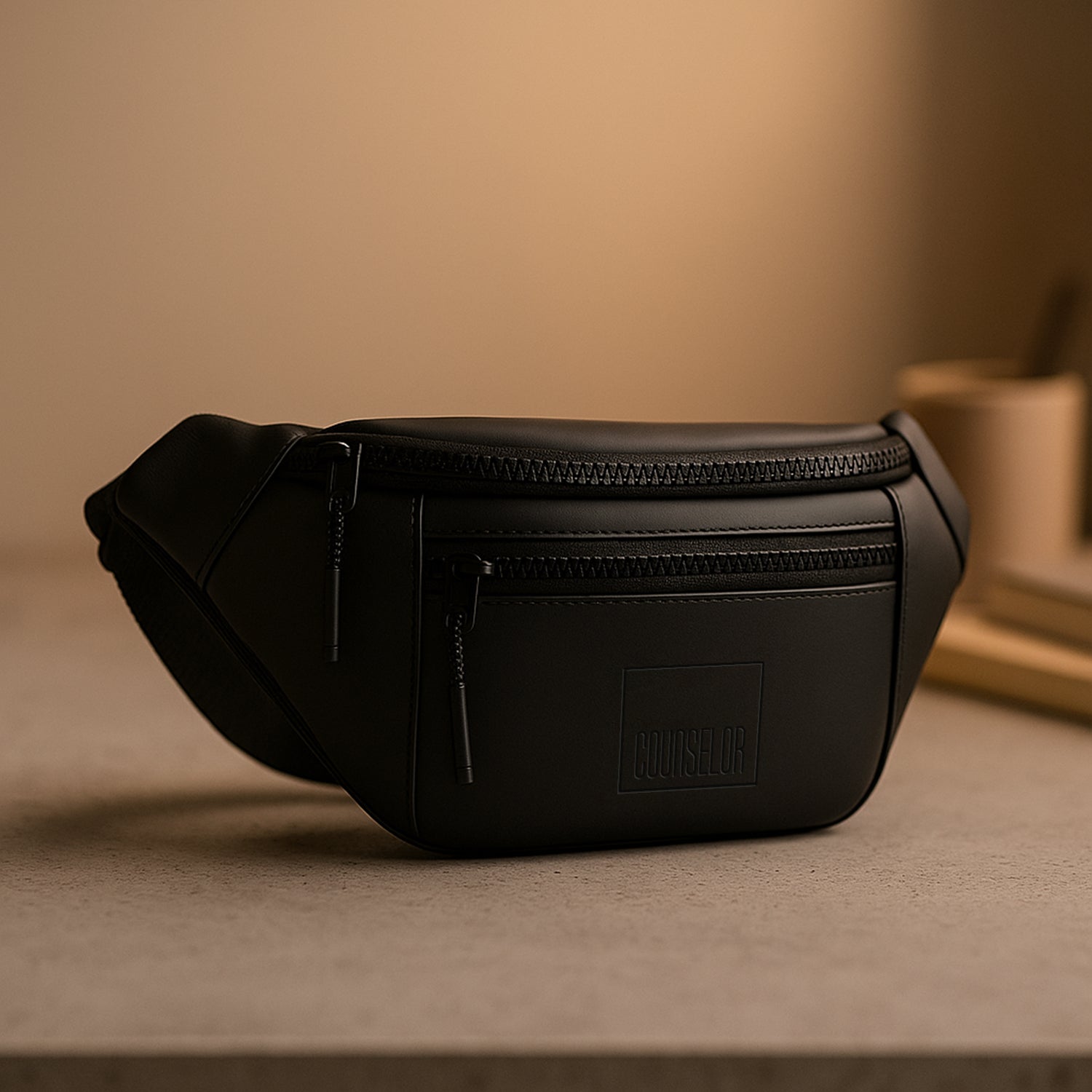 The Blaze waist bag in black color, made of vegan leather, ideal fanny pack for daily use.