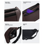 Four features of THE BLAZE brown waist bag: heavy duty zipper, quick access pocket, spacious main compartment, adjustable strap.