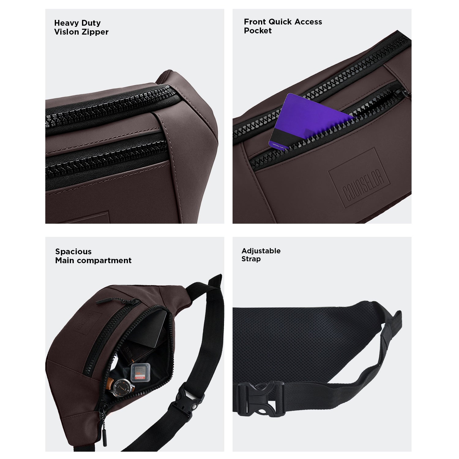 Four features of THE BLAZE brown waist bag: heavy duty zipper, quick access pocket, spacious main compartment, adjustable strap.