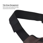 Close-up of Tidy Strap Management on an brown vegan leather waist bag, showcasing elastic loops for a streamlined look.