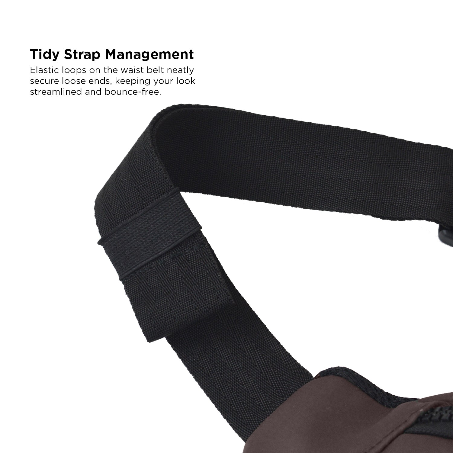 Close-up of Tidy Strap Management on an brown vegan leather waist bag, showcasing elastic loops for a streamlined look.