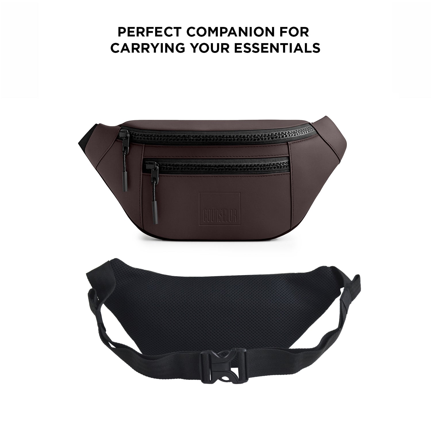 The Blaze waist bag in brown color, made of vegan leather, ideal fanny pack for daily use and carrying essentials.