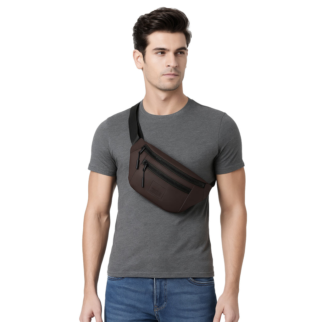 Man wearing a black shirt with an brown green waist bag, a stylish fanny pack made of vegan leather for daily use.