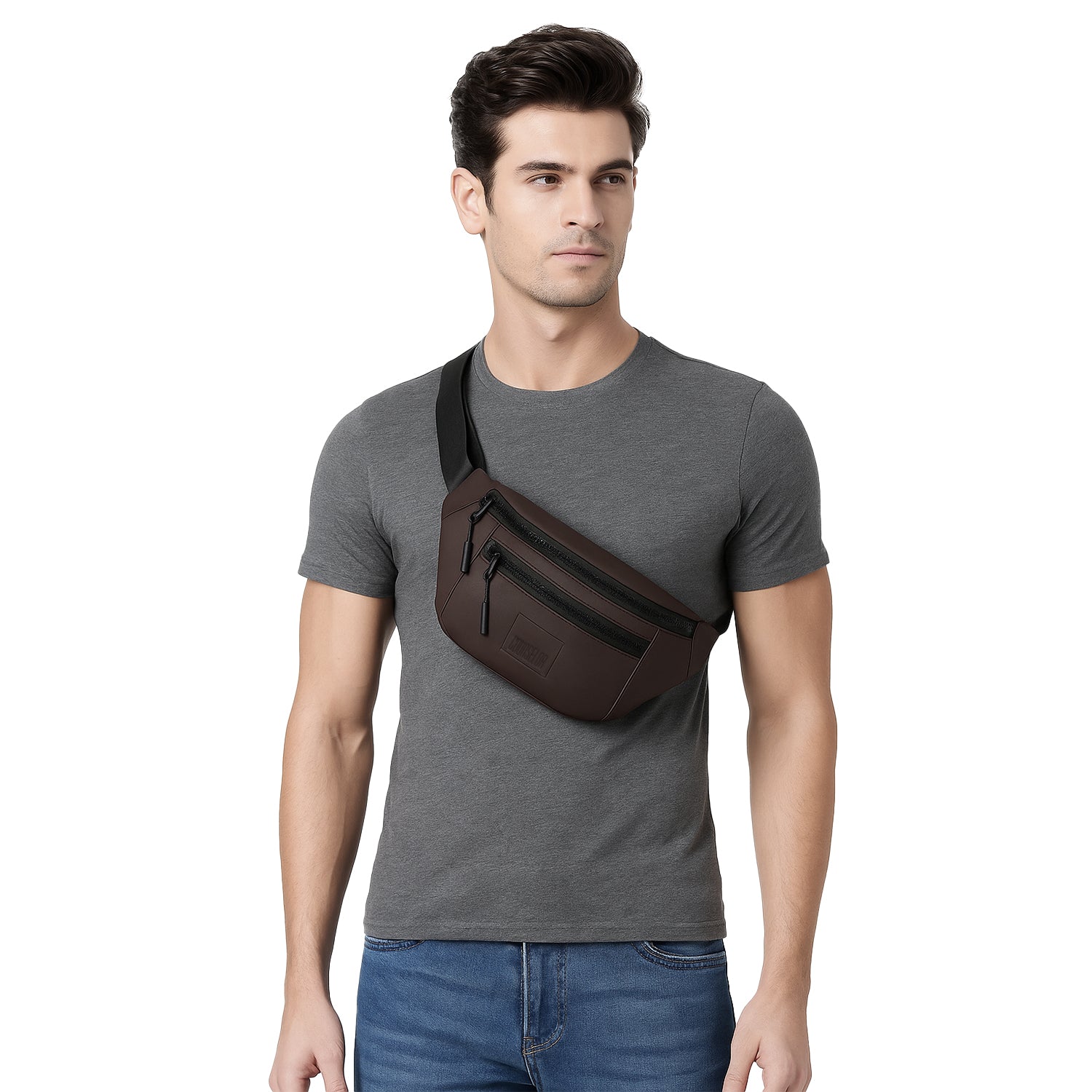Man wearing a black shirt with an brown green waist bag, a stylish fanny pack made of vegan leather for daily use.