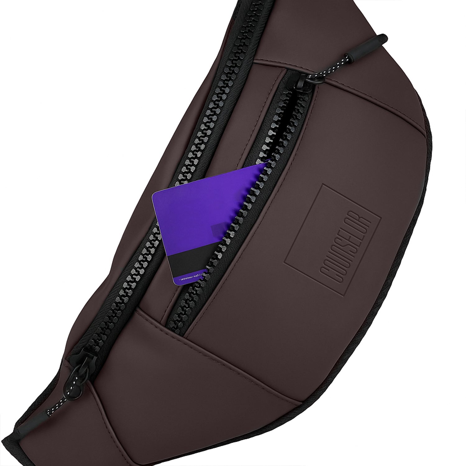 THE BLAZE brown waist bag with a zipper pocket holding a card, made from vegan leather for daily use.