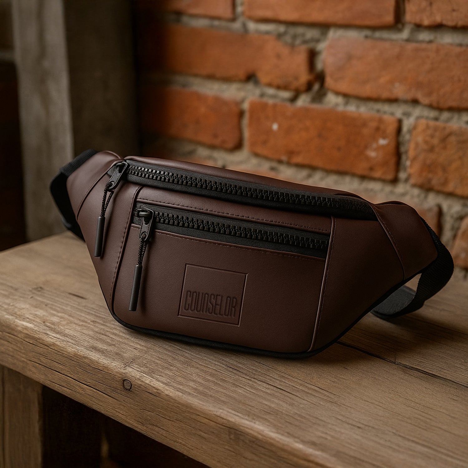 The Blaze waist bag in brown color, made of vegan leather, ideal fanny pack for daily use.