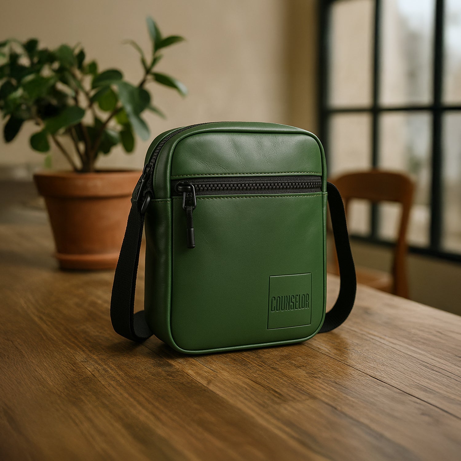 Stylish green vegan leather bag with adjustable strap on a wooden table, showcasing eco-friendly design.