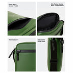 Close-up of green bag showcasing front pocket, main compartment, Vizlon zippers, and adjustable sling strap.