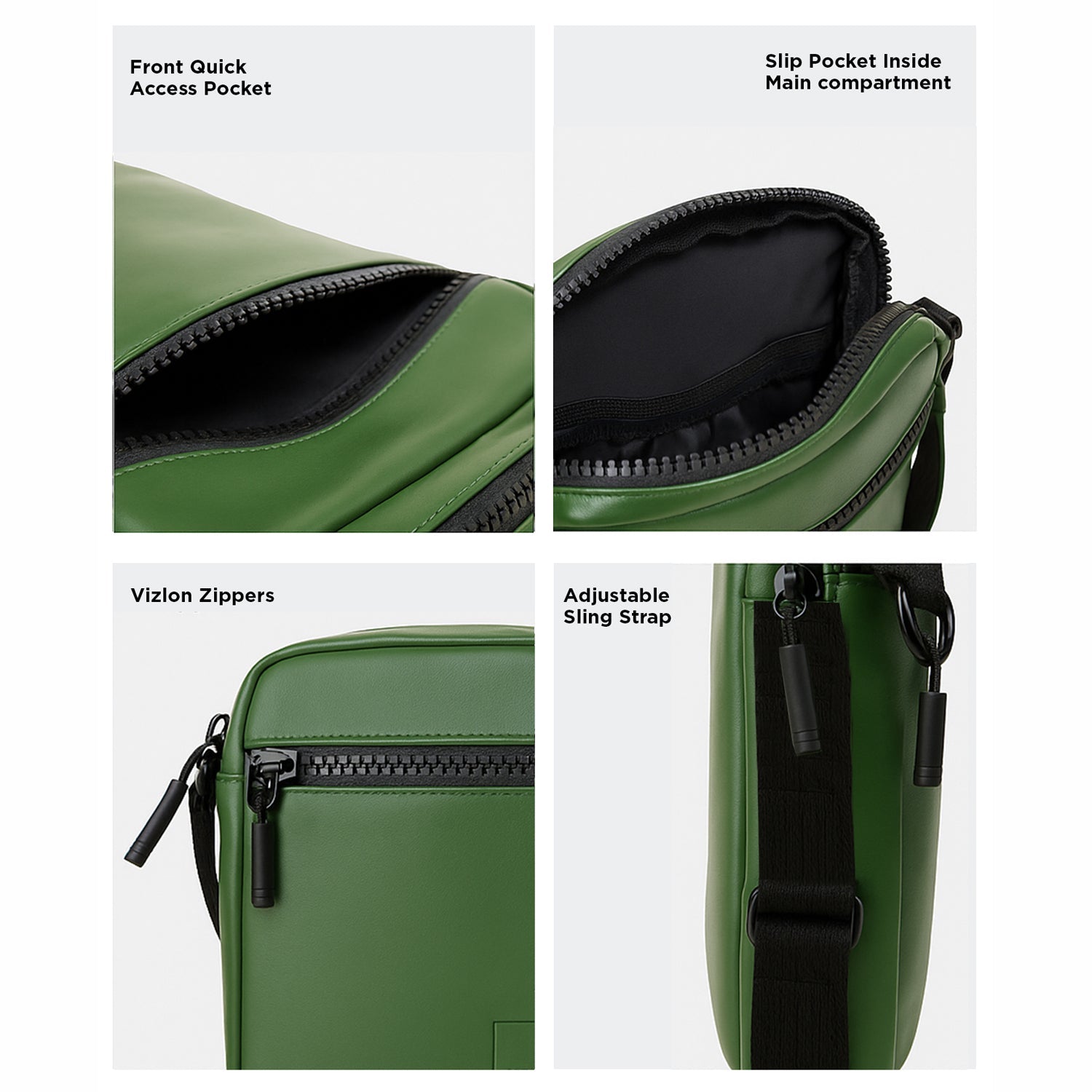 Close-up of green bag showcasing front pocket, main compartment, Vizlon zippers, and adjustable sling strap.