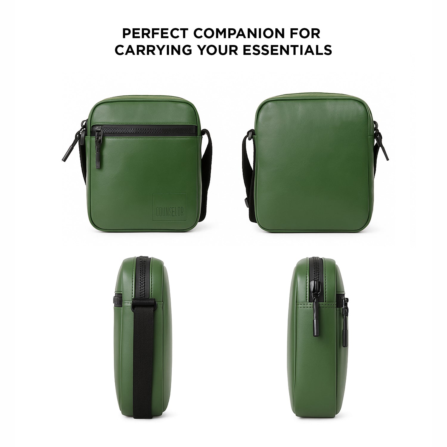 Green vegan leather bag showcasing stylish design and practical compartments for daily essentials.