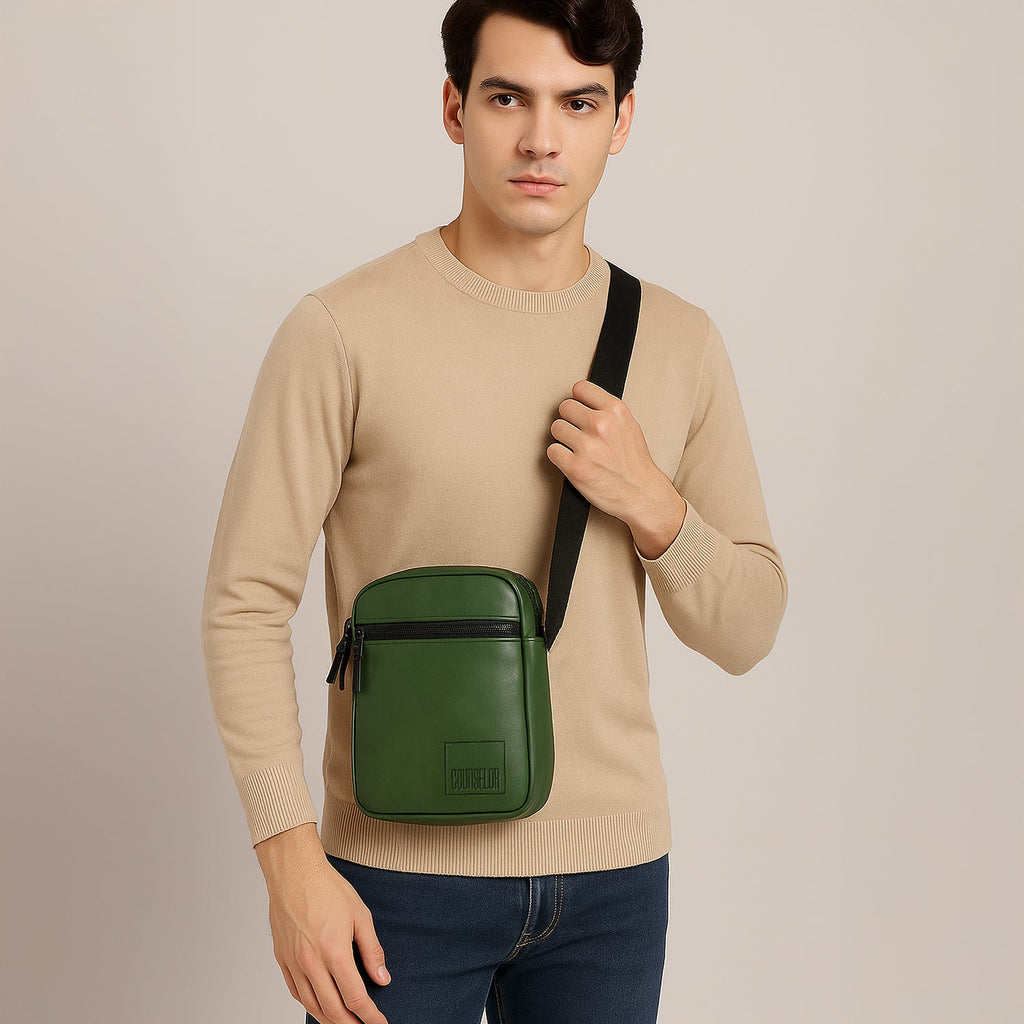 Stylish green vegan leather bag with adjustable strap on a man, perfect for daily use and travel.