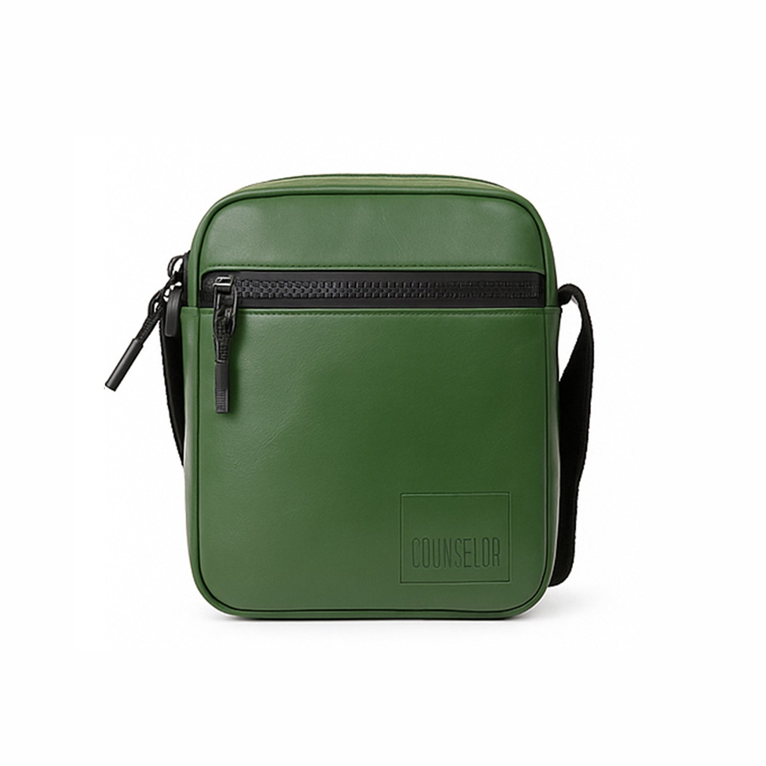 Stylish green crossbody bag made from vegan leather with adjustable strap and front zipper pocket.