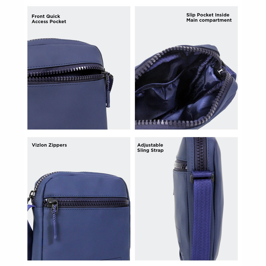 Features of THE BLOC - NAVY: front quick access pocket, slip pocket, Vizlon zippers, and adjustable sling strap.