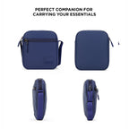 Navy Bloc Side Sling bag showcasing stylish design, compact size, adjustable strap, and multiple pockets for organization.