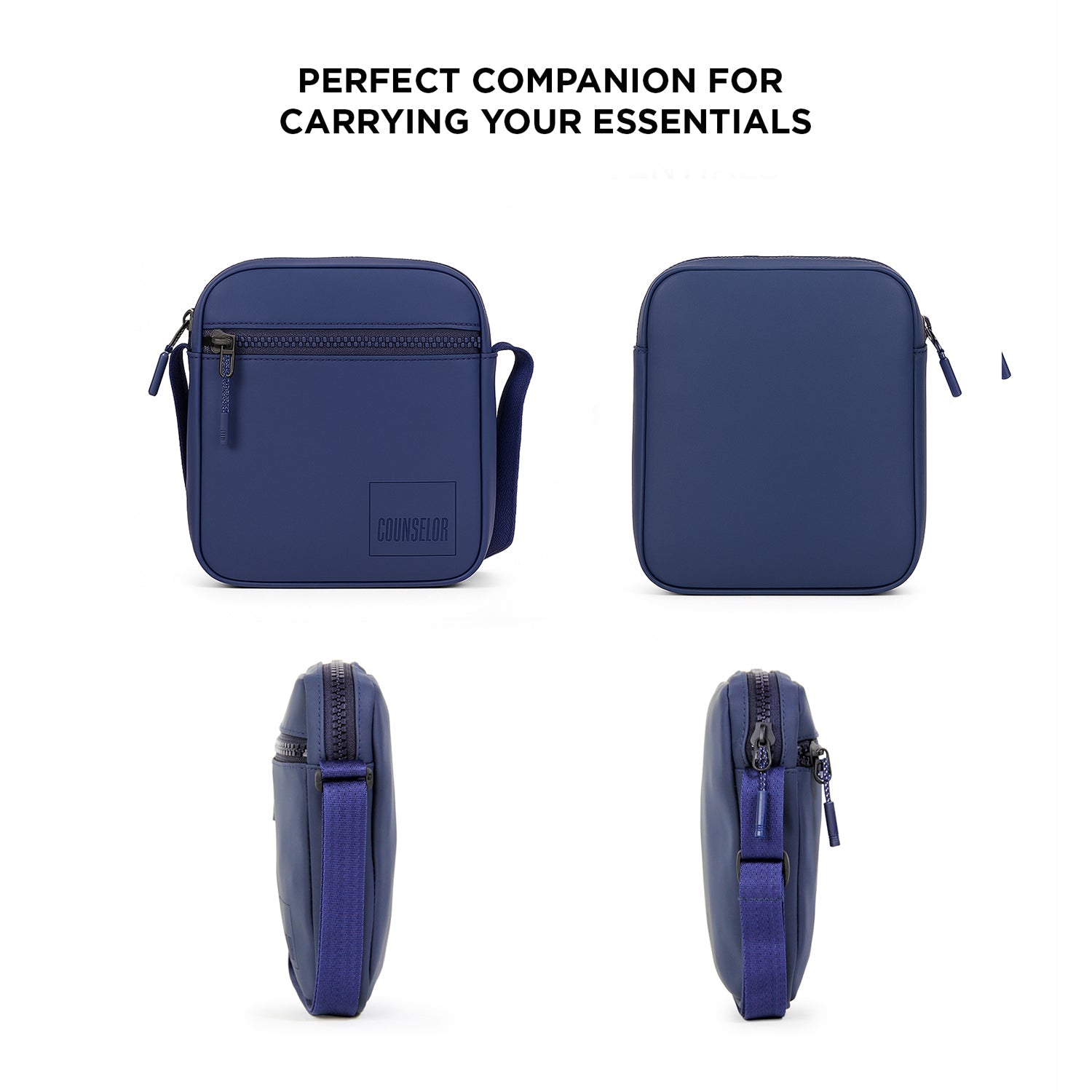Navy Bloc Side Sling bag showcasing stylish design, compact size, adjustable strap, and multiple pockets for organization.