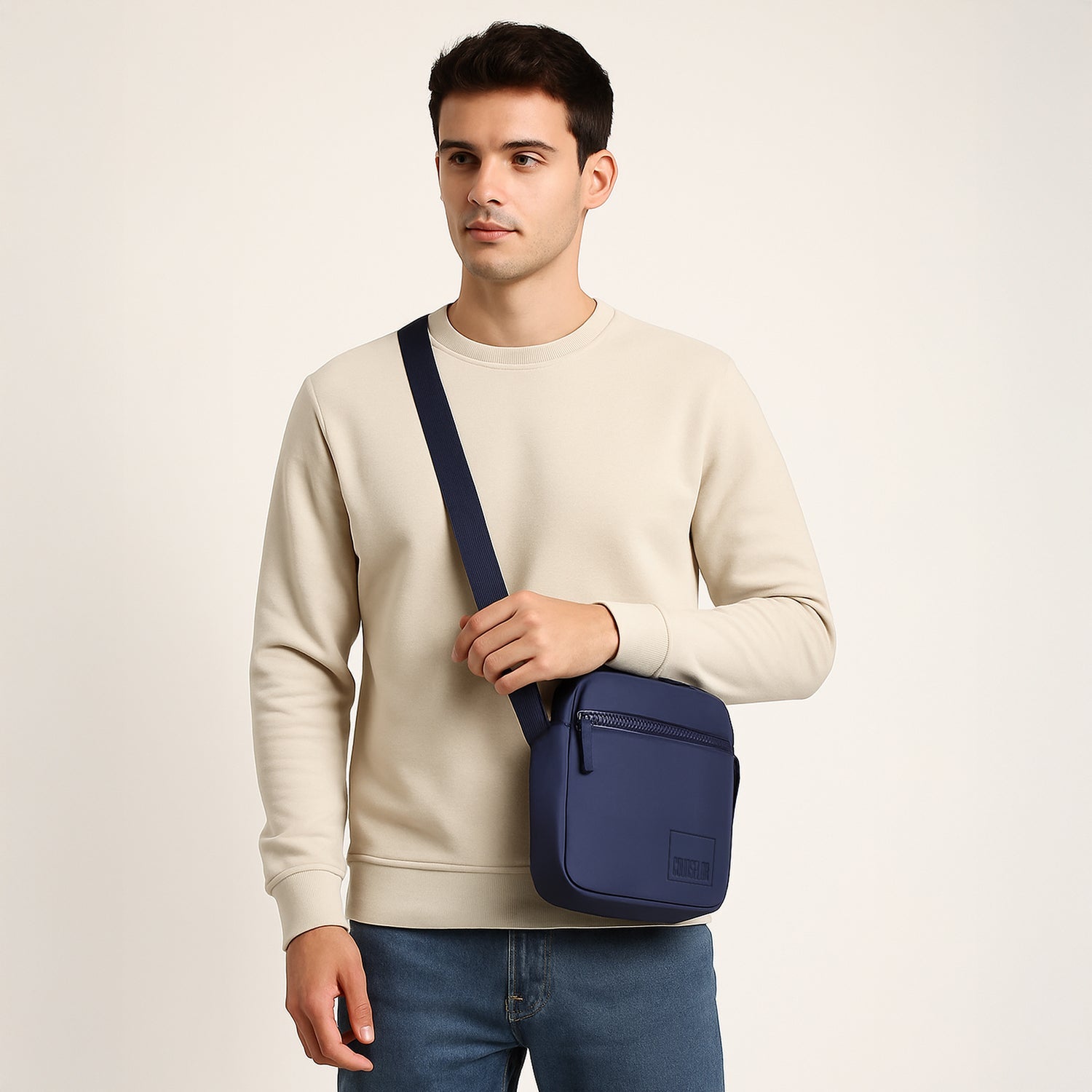 Man wearing a stylish navy sling bag, showcasing its compact design and adjustable shoulder strap.