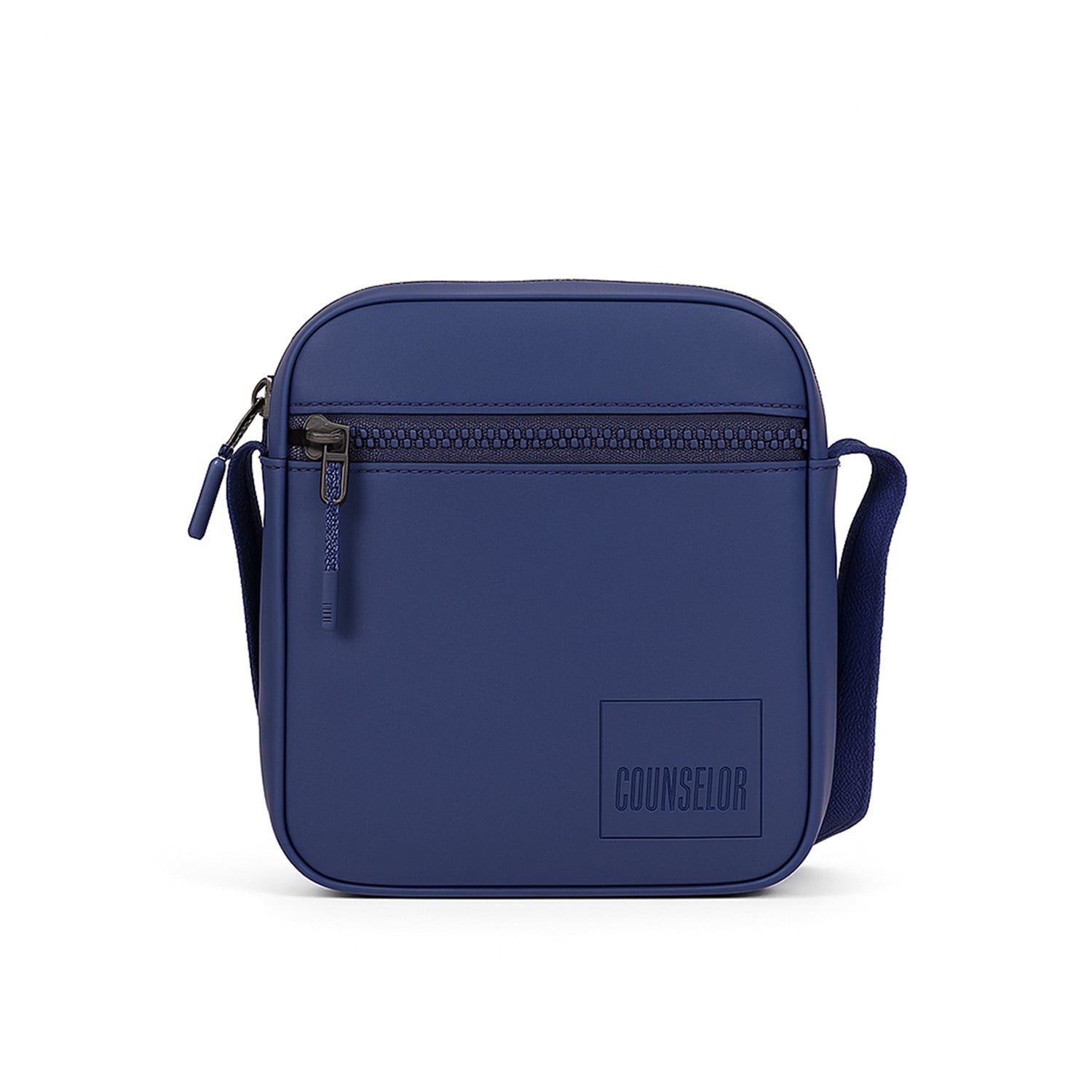 Navy crossbody bag with zipper pocket and adjustable strap, featuring a sleek and modern design.