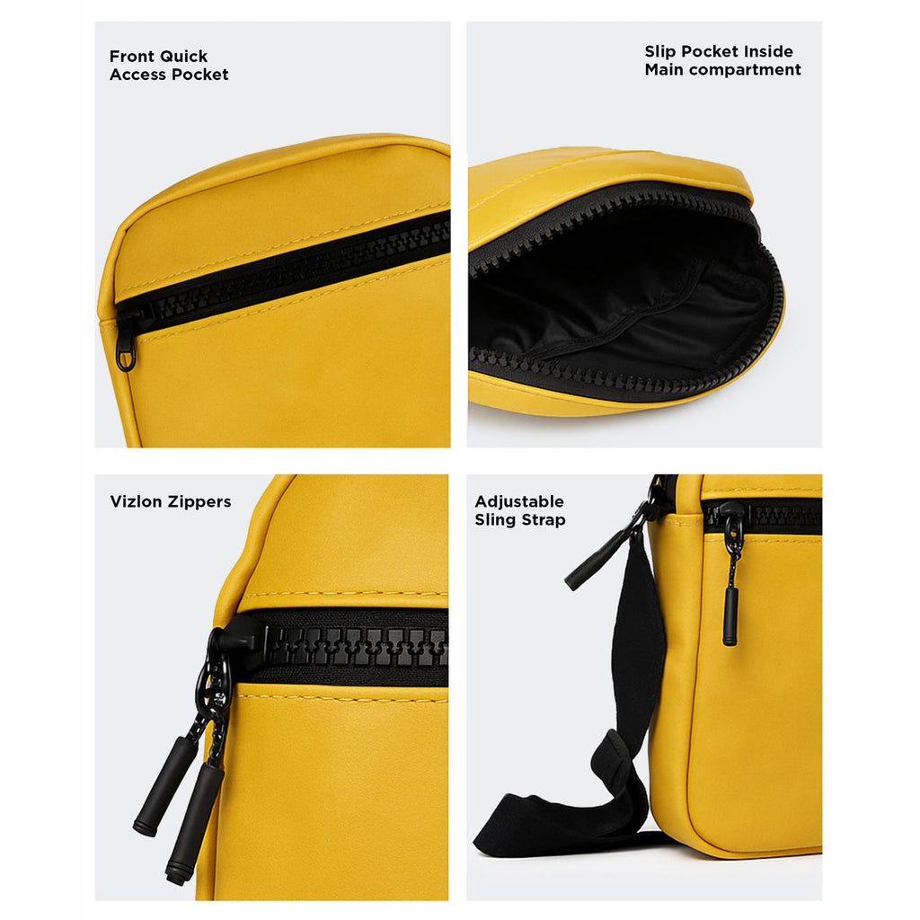 The Bloc Mustard bag showcasing front quick access pocket, slip pocket, Vizlon zippers, and adjustable sling strap.