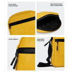 The Bloc Mustard bag showcasing front quick access pocket, slip pocket, Vizlon zippers, and adjustable sling strap.