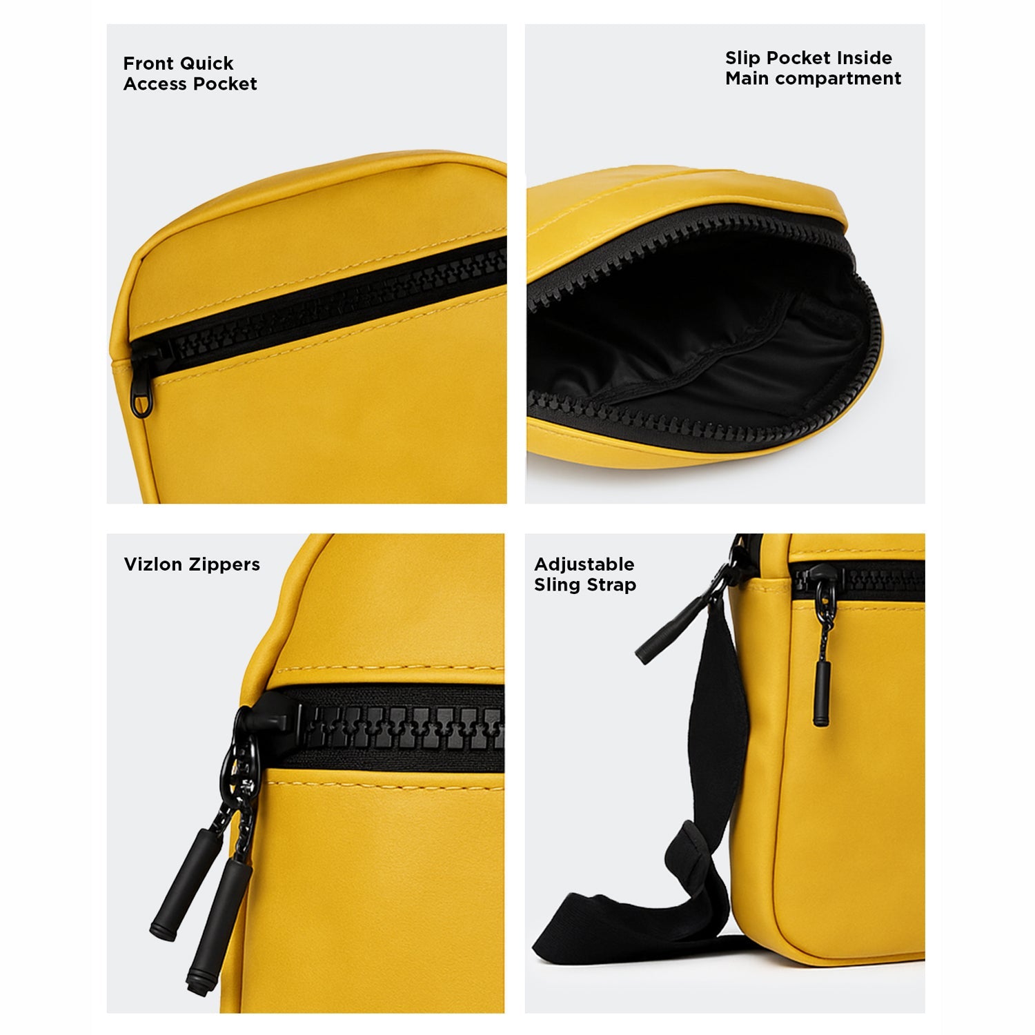 The Bloc Mustard bag showcasing front quick access pocket, slip pocket, Vizlon zippers, and adjustable sling strap.