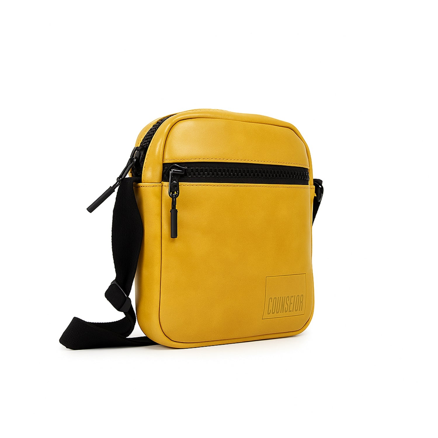 Stylish mustard bag with adjustable strap and front zipper pocket, made of high-quality vegan leather.