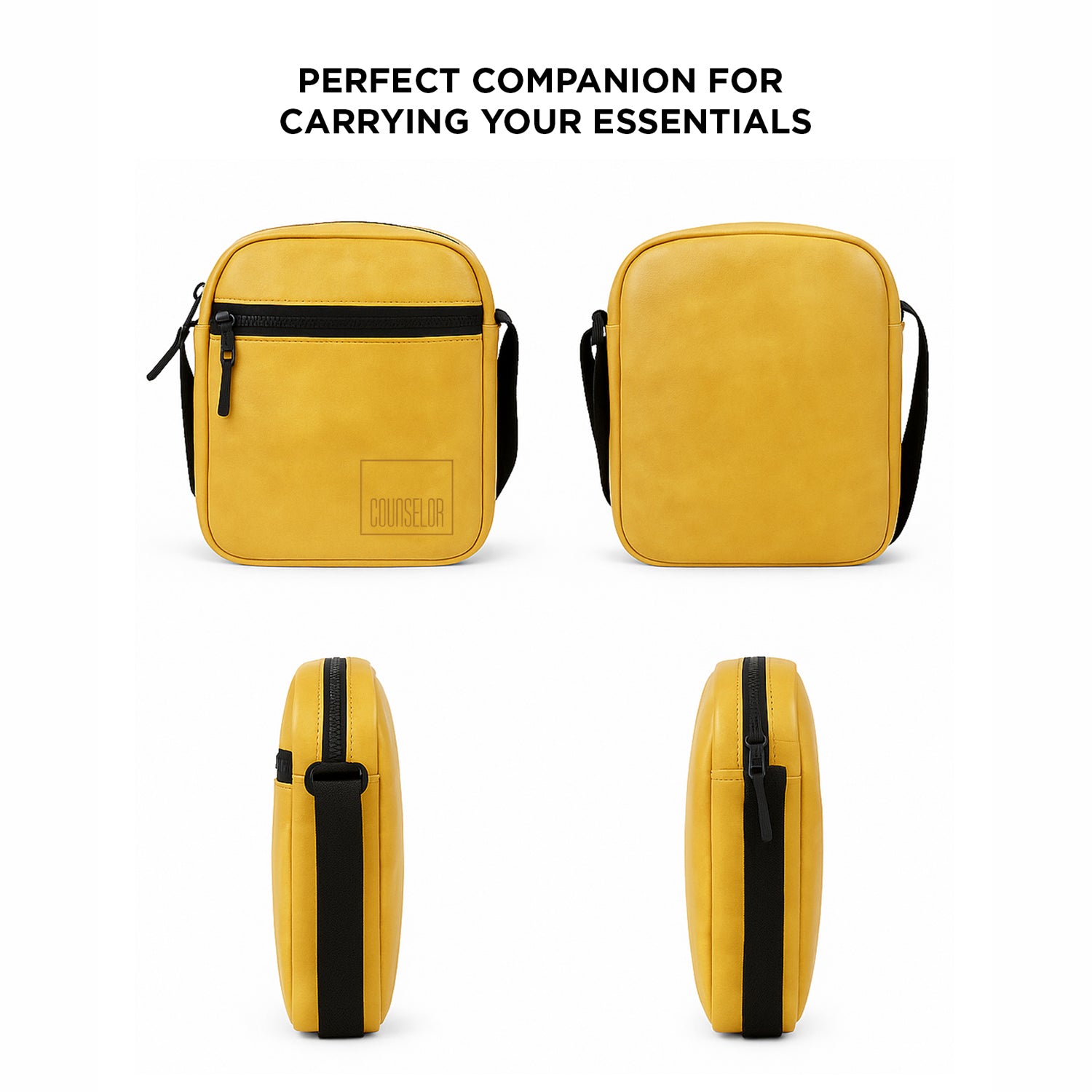 Stylish mustard yellow bag with multiple angles shown, featuring a sleek design and convenient outer zipper pocket.