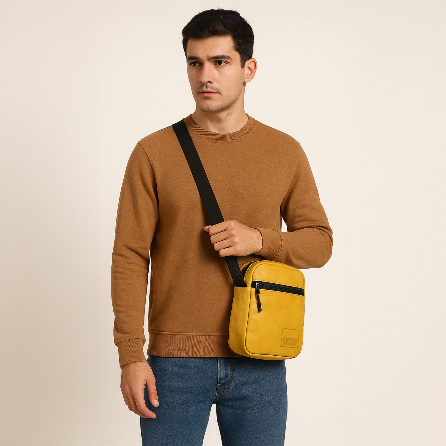 Man wearing mustard yellow Bloc Side Sling bag, showcasing its stylish and eco-friendly design.