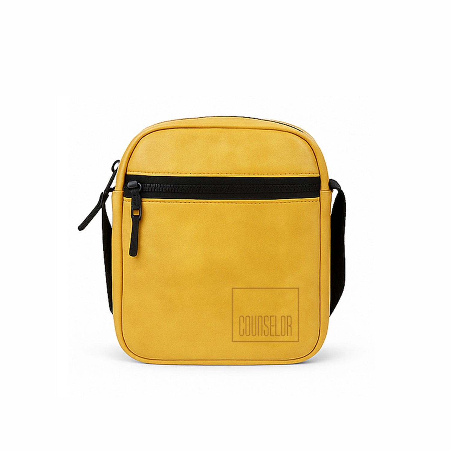 Stylish mustard yellow vegan leather sling bag with a front zipper pocket and adjustable strap.