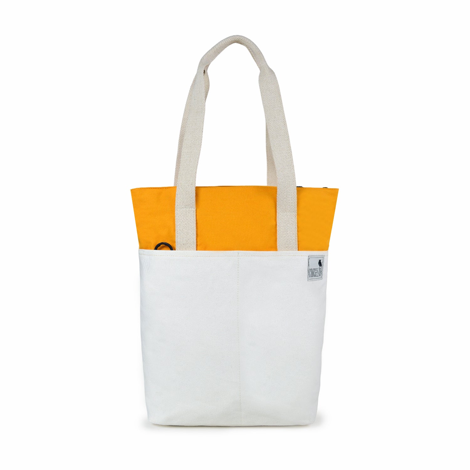 The Skylin off-white and yellow canvas tote bag with dual handles, stylish design, and practical compartments.