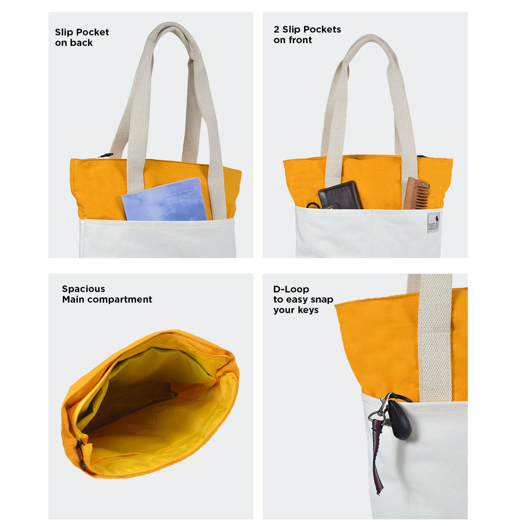 The Skylin tote bag features slip pockets, spacious main compartment, and D-loop for keys, showcasing modern design and functionality.
