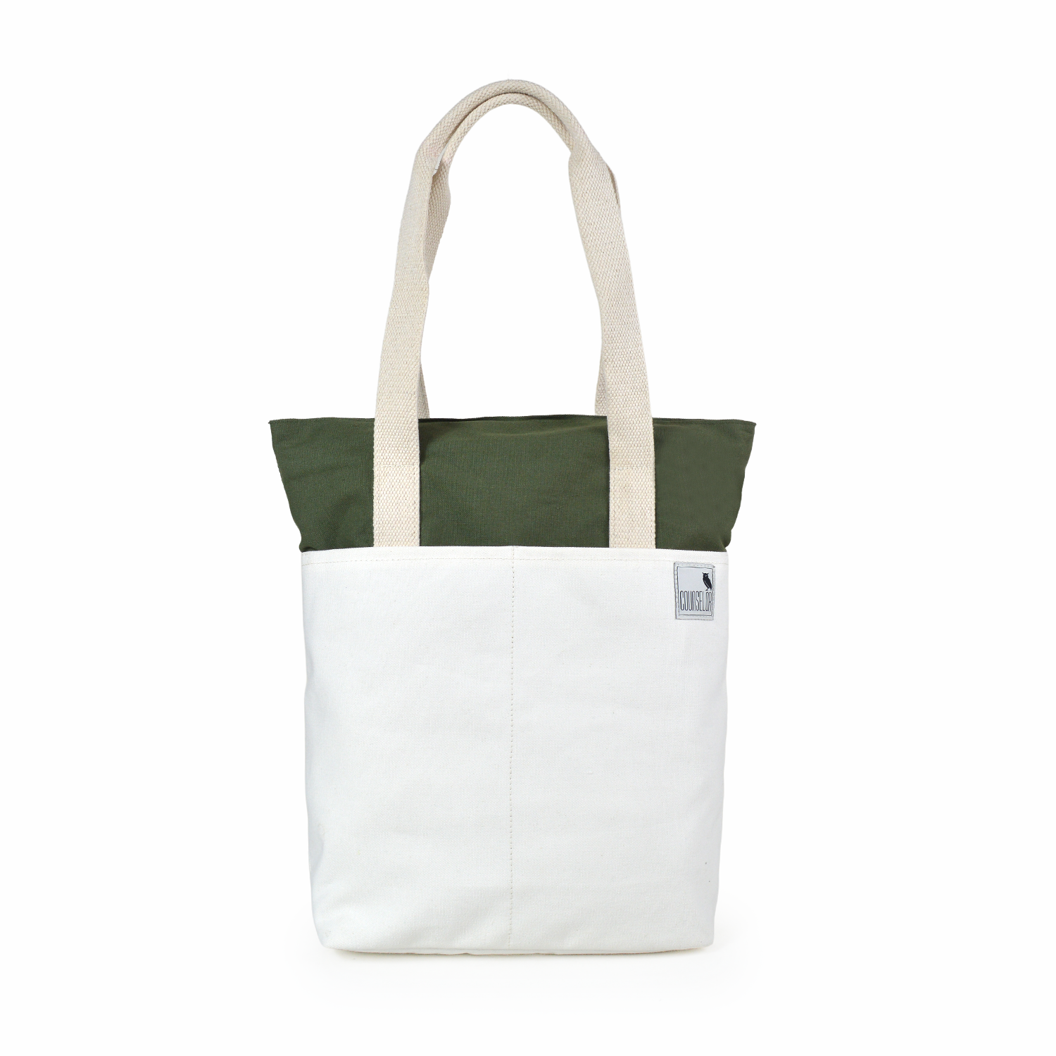 THE SKYLIN tote bag in off-white and army green, modern design with durable canvas material and spacious compartments.