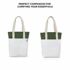 Stylish offwhite and army green canvas tote bag, ideal for carrying essentials for work, shopping, and travel.