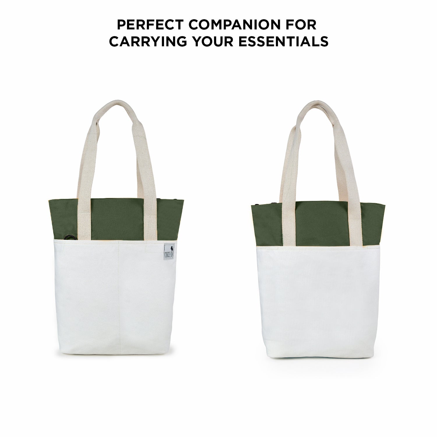 Stylish offwhite and army green canvas tote bag, ideal for carrying essentials for work, shopping, and travel.