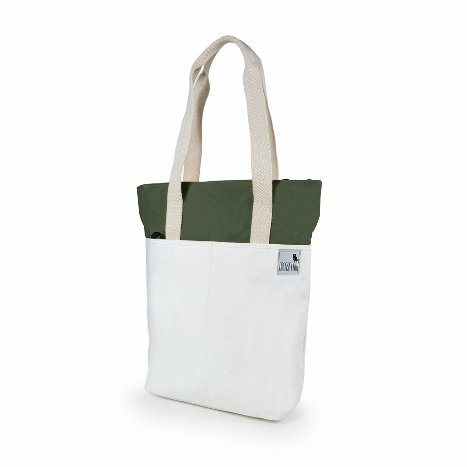 The Skylin tote bag in off-white and army green, showcasing a modern, versatile design for everyday use.