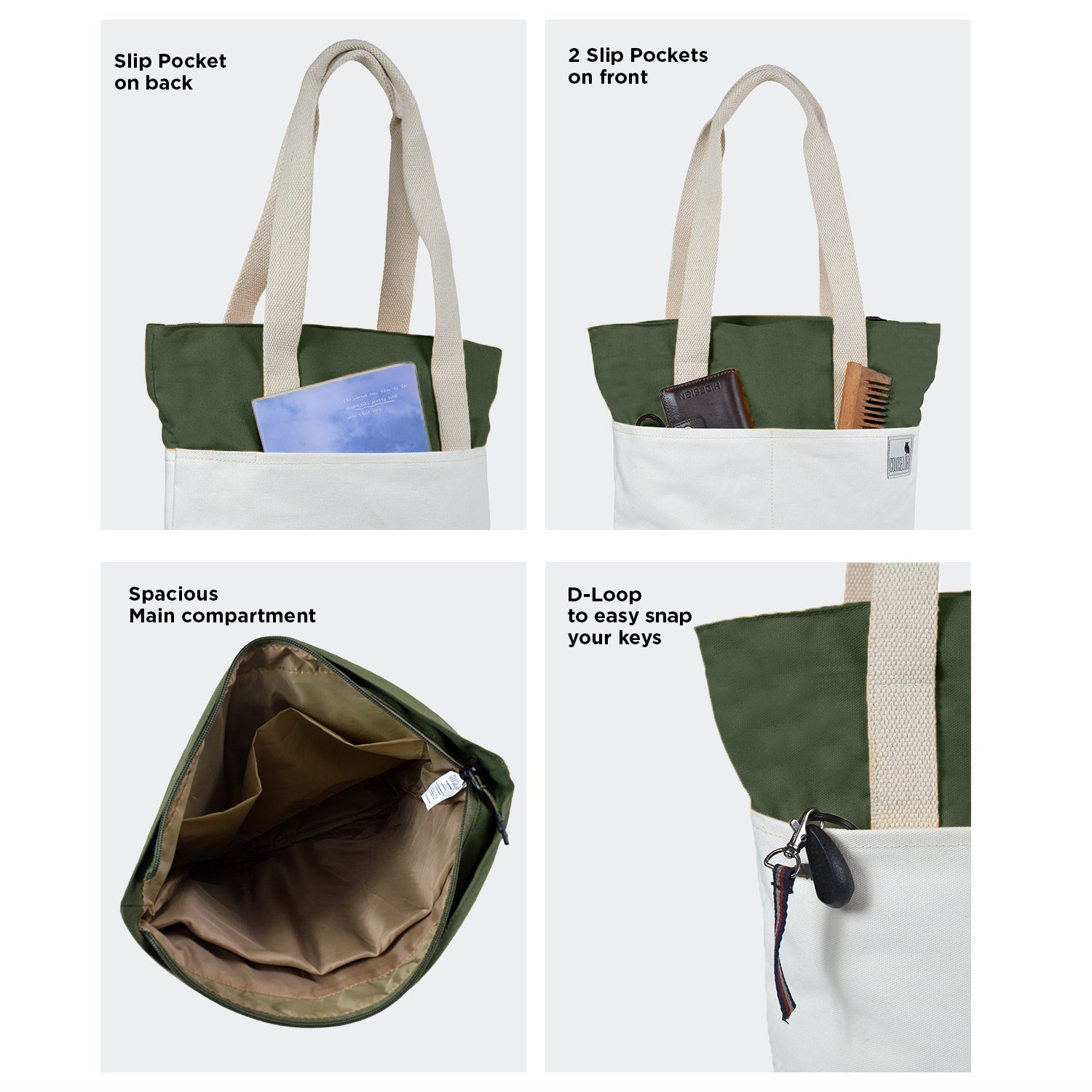 Collage showing Skylin tote bag features: back slip pocket, front slip pockets, spacious interior, and D-loop for keys.