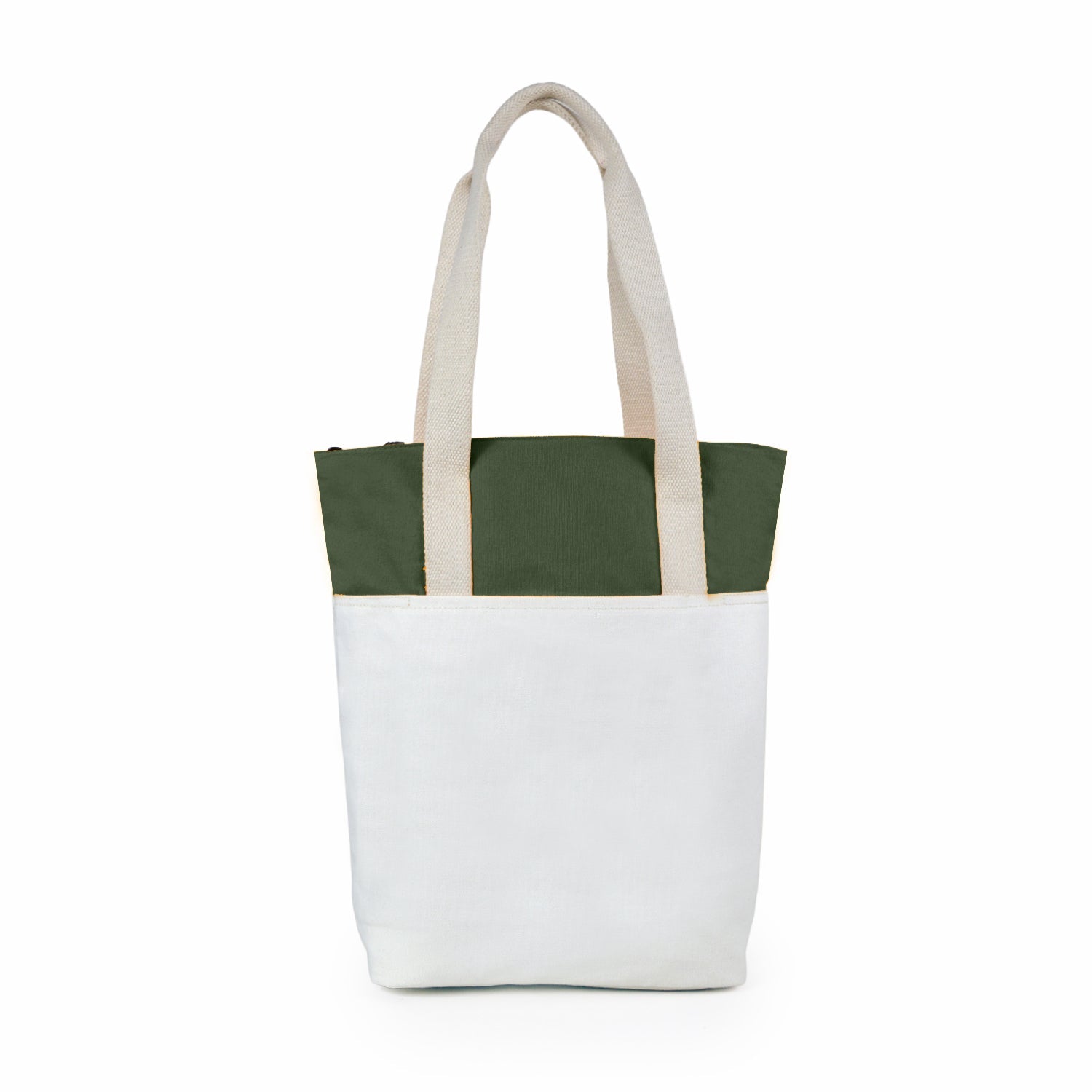 Modern off-white and army green canvas tote bag with dual shoulder straps for versatile everyday use.