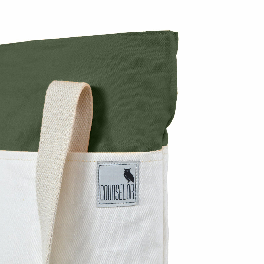 Offwhite and army green canvas tote bag with logo and beige strap, perfect for modern everyday use.