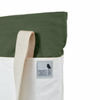 Offwhite and army green canvas tote bag with logo and beige strap, perfect for modern everyday use.