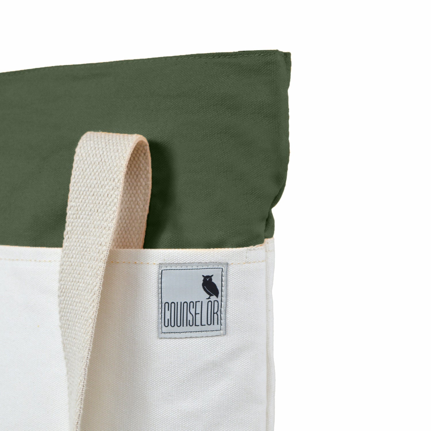 Offwhite and army green canvas tote bag with logo and beige strap, perfect for modern everyday use.