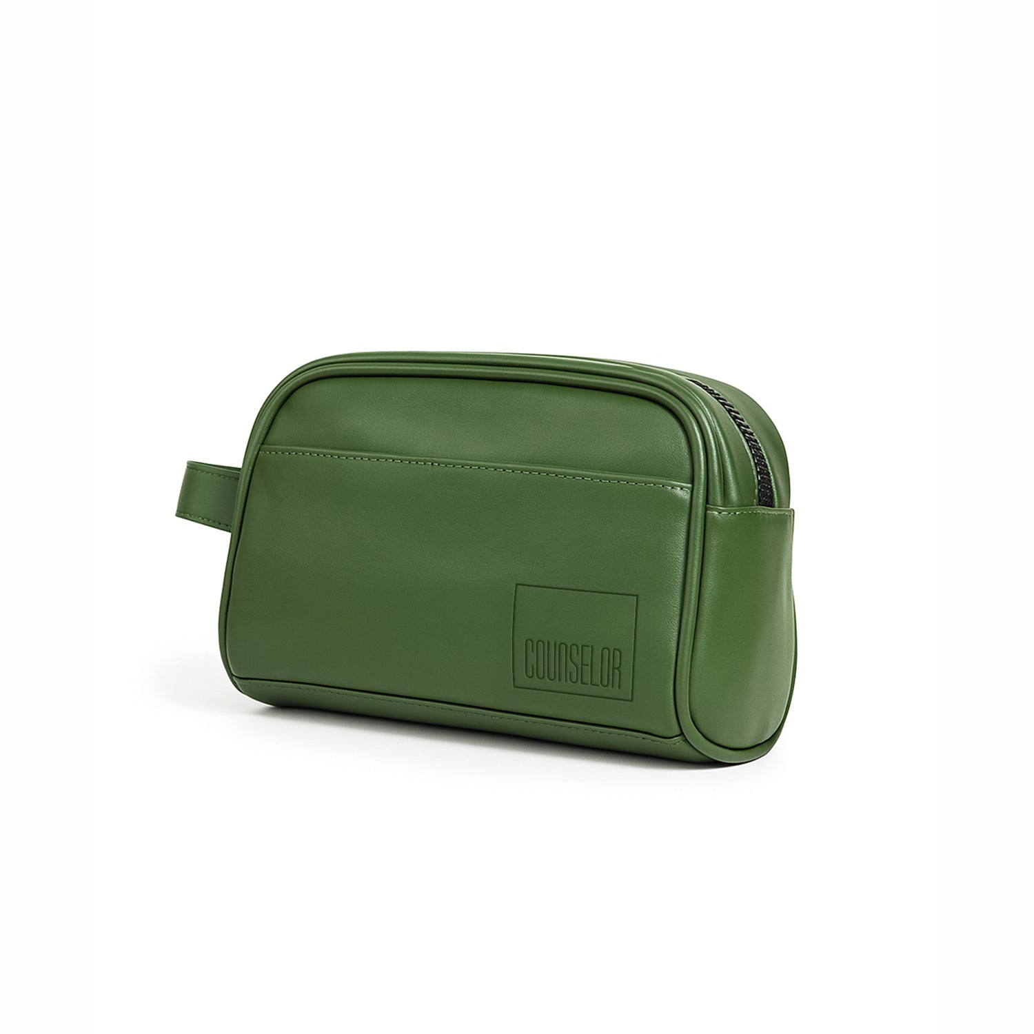 Chic green vegan leather toiletry bag with zip closure and side handle for travel and organization.