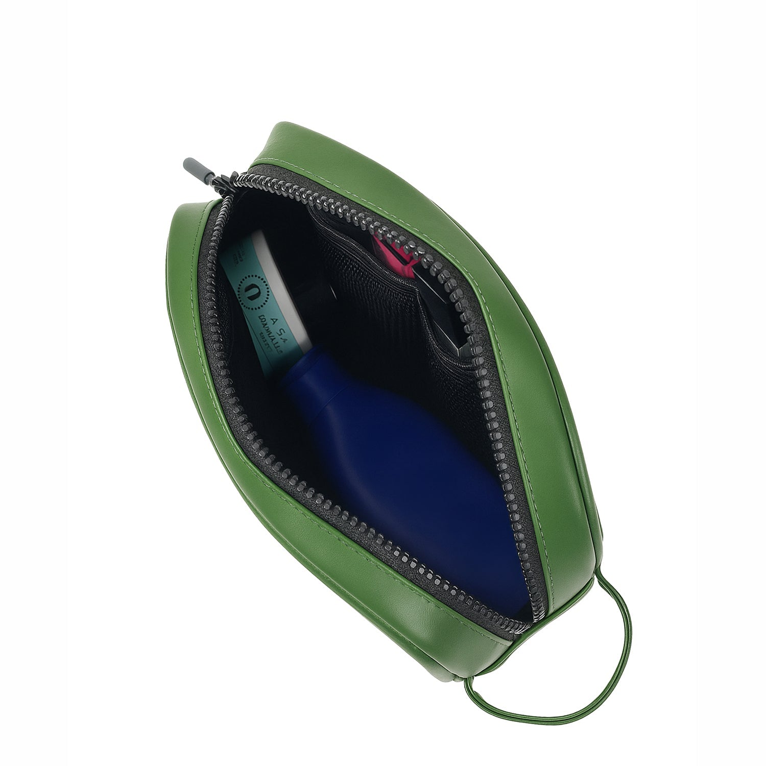 Inside view of THE SWIFT green toiletry bag, showcasing organized travel essentials.