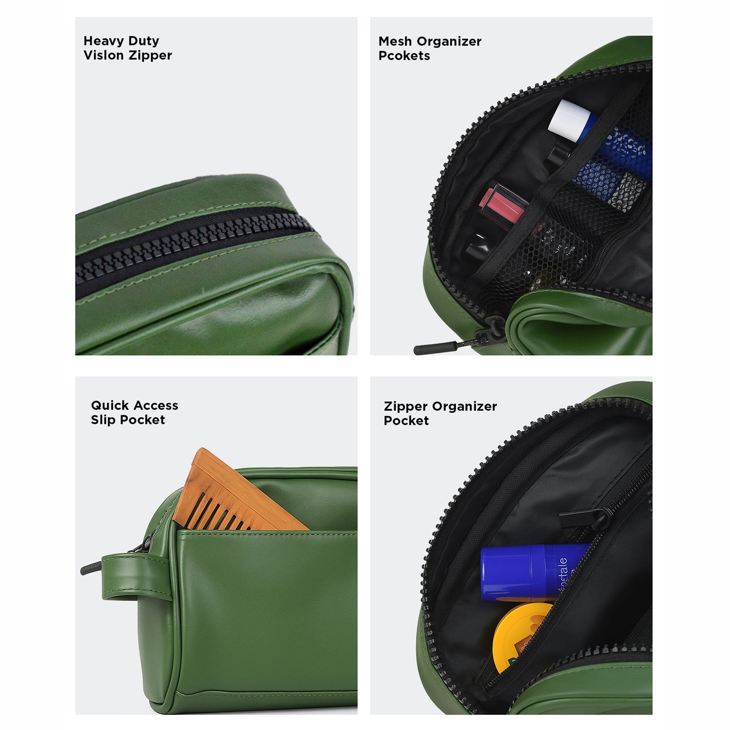 Close-up of the Swift Toiletry Kit showcasing heavy-duty zippers, mesh organizers, and slip pockets for efficient storage.