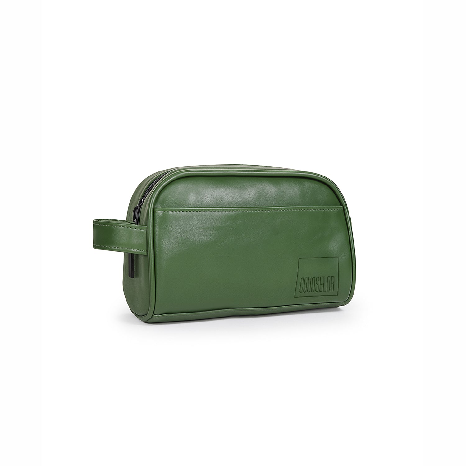 The Swift Toiletry Kit in green, stylish vegan leather with a compact design for travel and daily use.