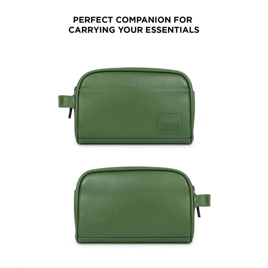 Green toiletry bag - Chic vegan leather design for travel and organization.