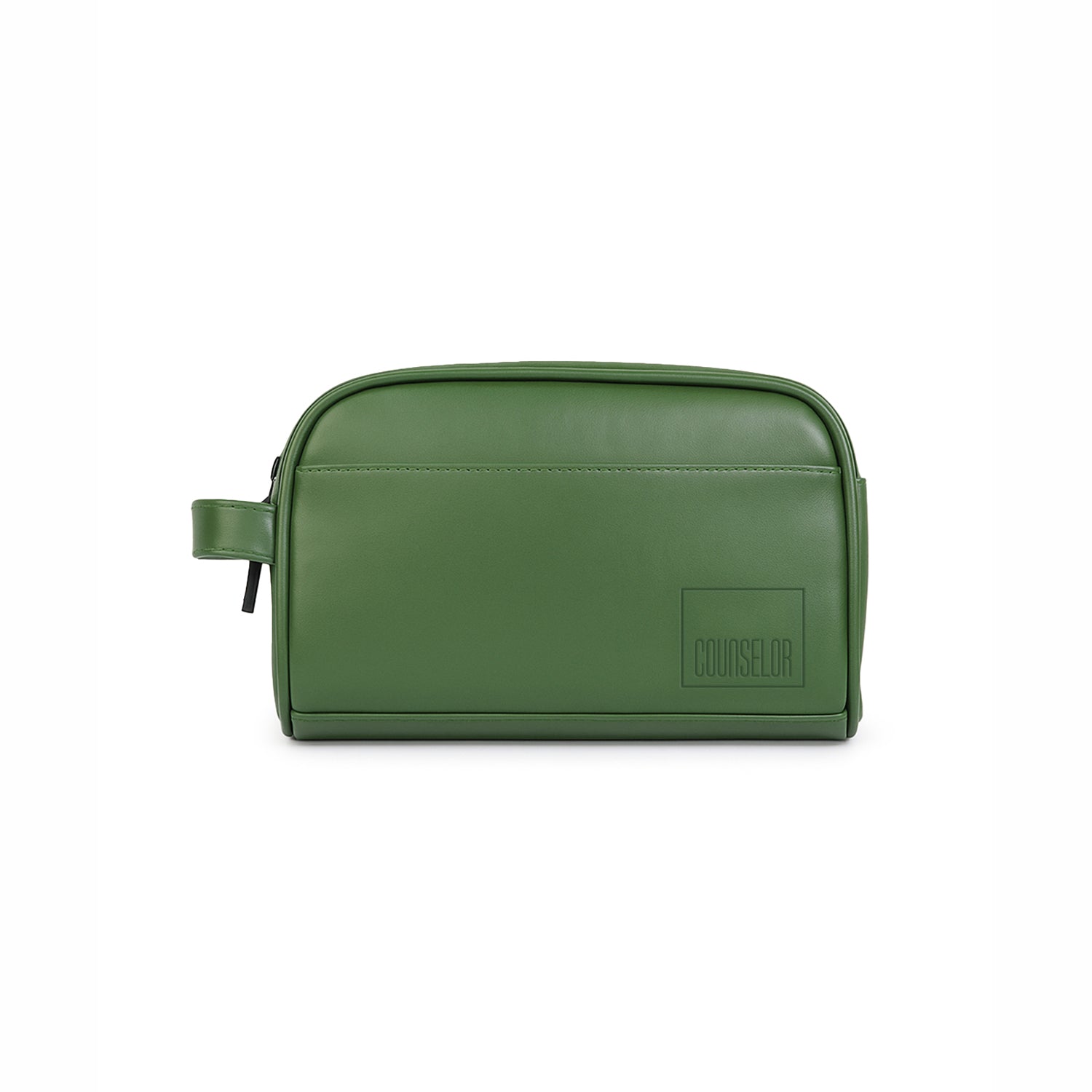 Chic green vegan leather toiletry kit with durable zippers and easy-grip handle for travel and organization.