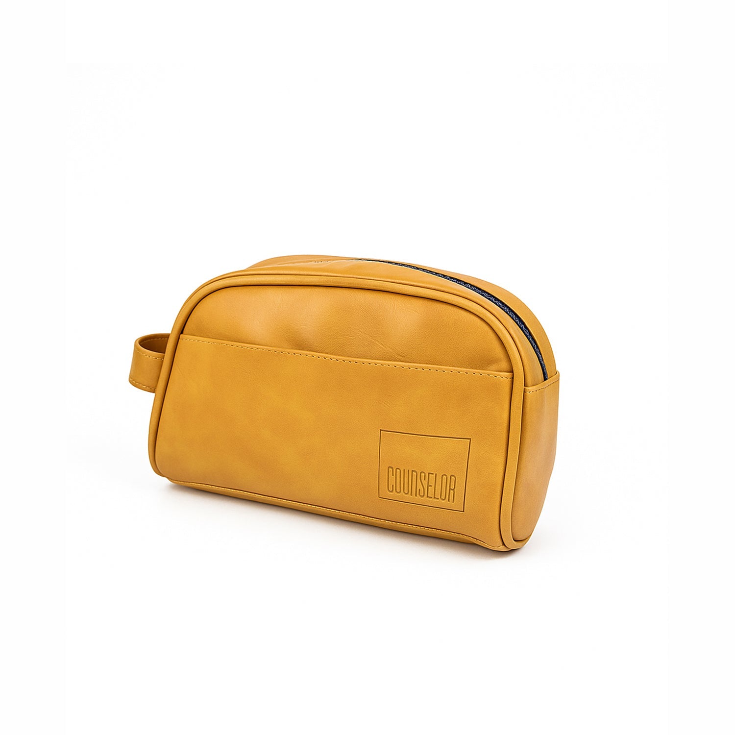 Stylish mustard toiletry kit made from vegan leather with convenient zip closure and hanging loop.