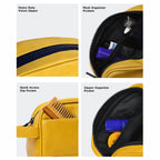Close-up of The Swift Mustard Toiletry Kit, showcasing heavy-duty zippers, mesh pockets, and quick-access slip pocket for organization.